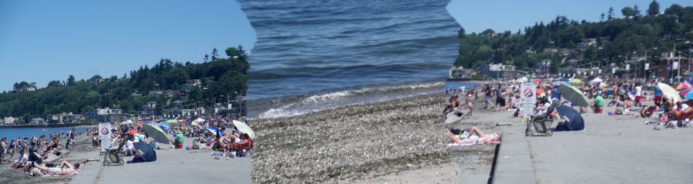 Children playing on a beach slide and playground equipment at Alki Beach Park in West Seattle, with the sandy shore and Elliott Bay visible in the background